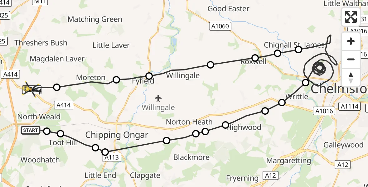 Flight route Police Helicopter North Weald Airfield - North Weald Bassett, 12 June 2026, 19:54
