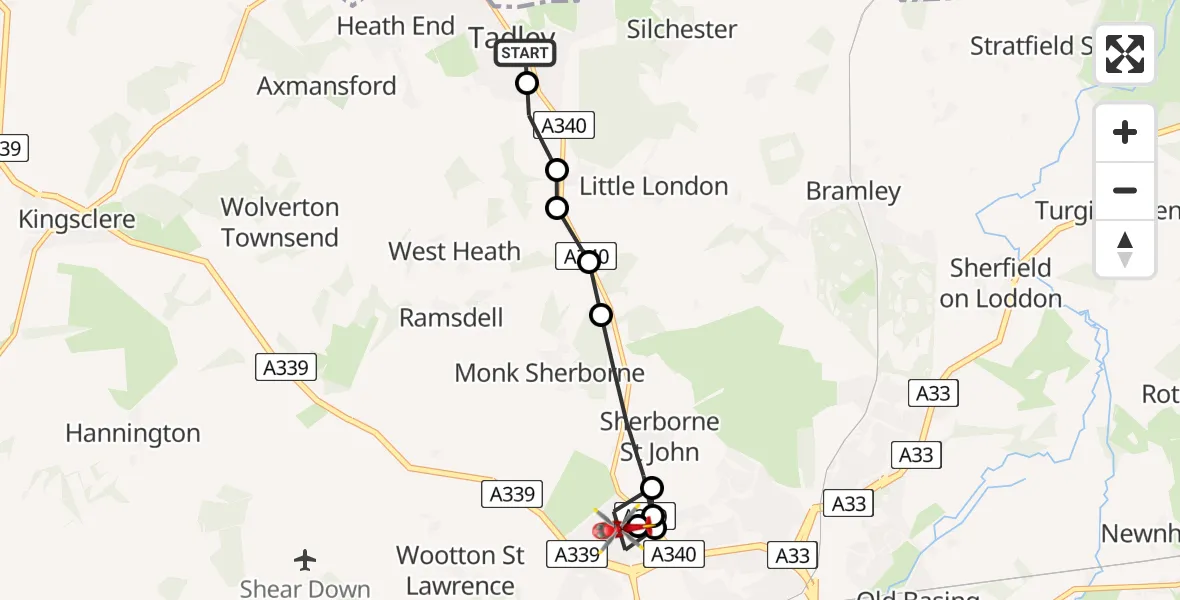 Flight route Air Ambulance Helicopter Tadley - Basingstoke, 12 June 2026, 20:11