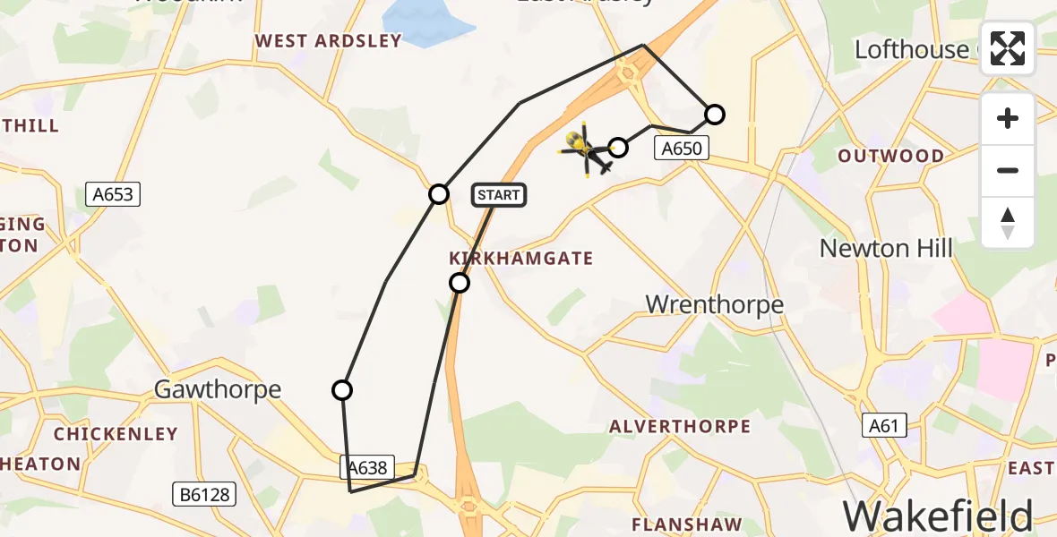 Flight route Police Helicopter East Ardsley - East Ardsley, 12 June 2026, 20:13