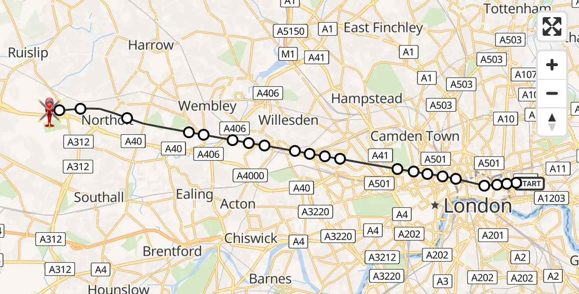 Flight route Air Ambulance Helicopter Royal London Hospital - RAF Northolt, 12 June 2026, 20:20