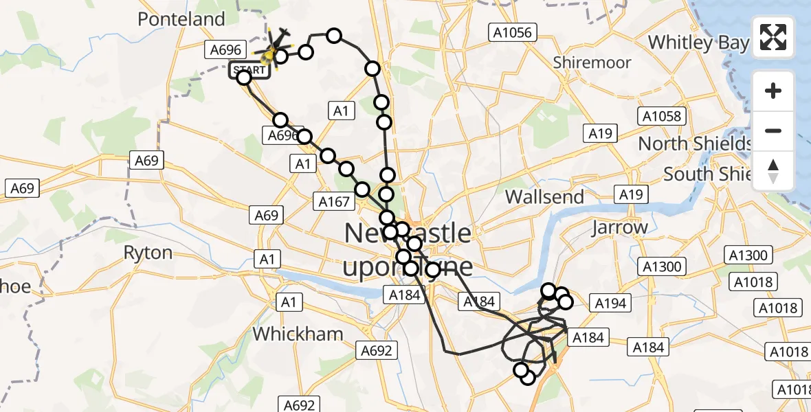 Flight route Police Helicopter Newcastle International Airport - Newcastle International Airport, 12 June 2026, 20:22