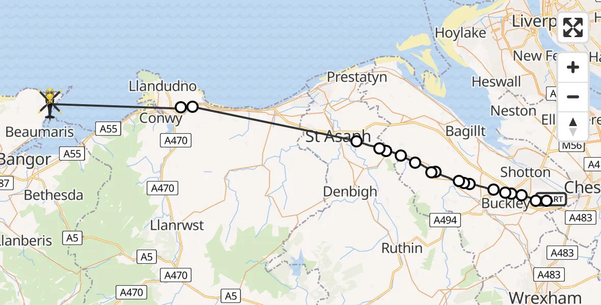 Flight route Police Helicopter Hawarden Airport - Llangoed, 12 June 2026, 20:26