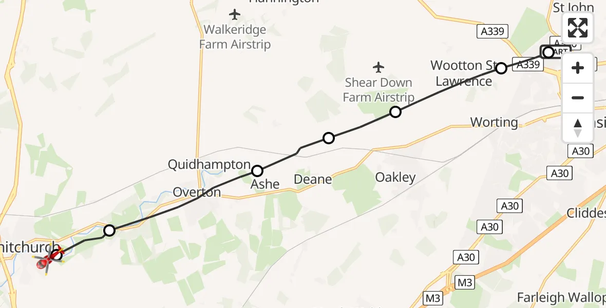 Flight route Air Ambulance Helicopter North Hampshire Hospital - Whitchurch, 12 June 2026, 20:45