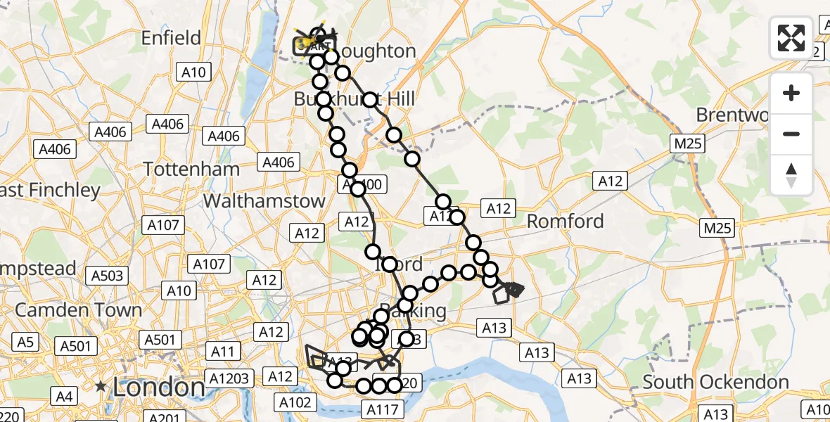 Flight route Police Helicopter Metropolitan Police Air Support Unit Lippitts Hill - Sewardstonebury, 12 June 2026, 20:51