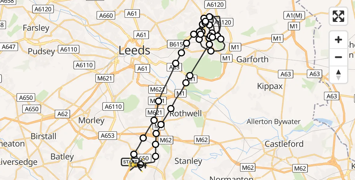 Flight route Police Helicopter East Ardsley - East Ardsley, 12 June 2026, 21:11