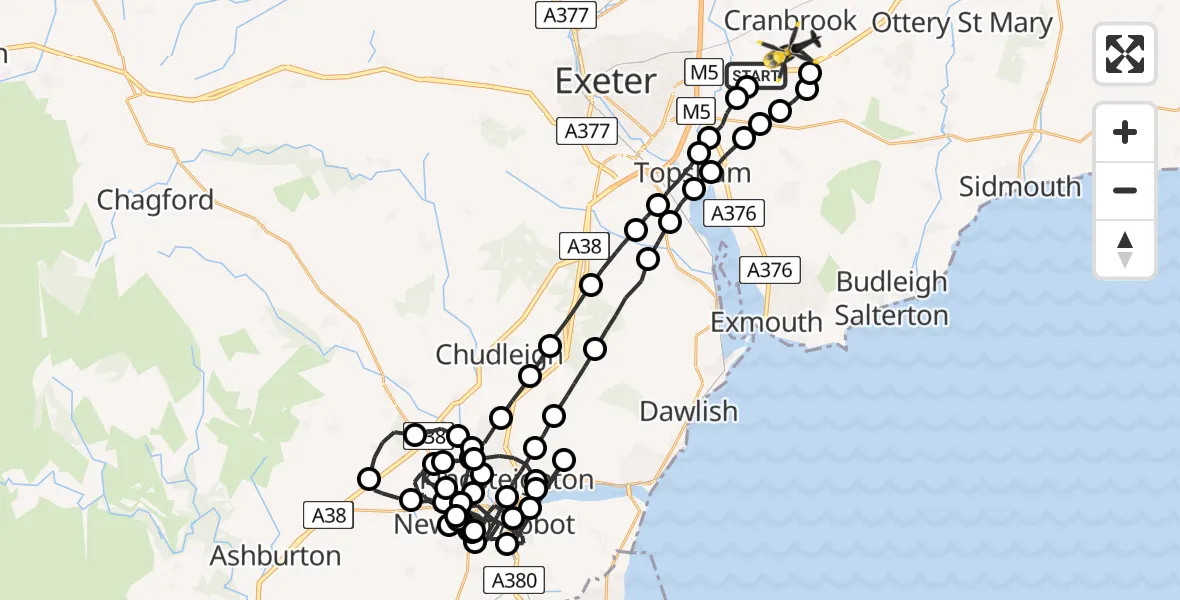 Flight route Police Helicopter Exeter International Airport - Rockbeare, 12 June 2026, 21:17