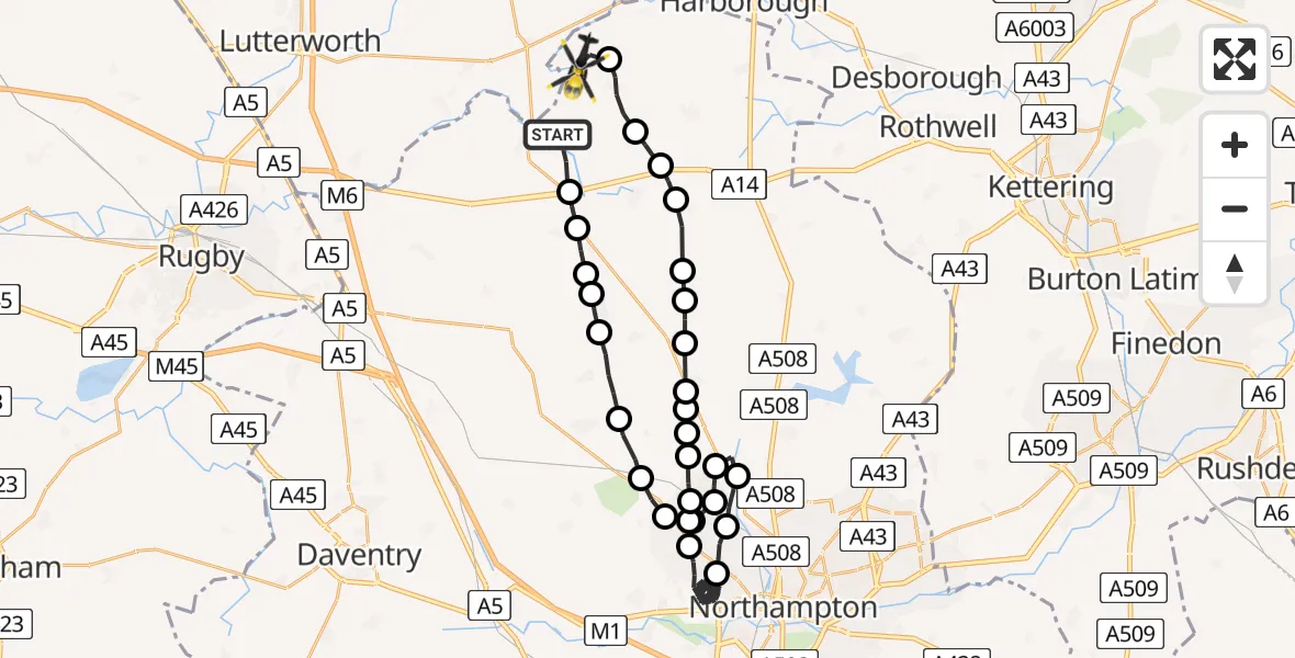 Flight route Police Helicopter Welford - Marston Trussell, 12 June 2026, 21:33