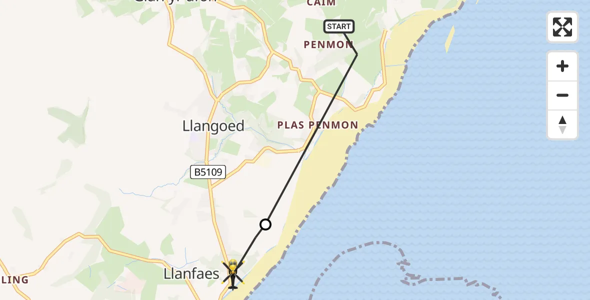 Flight route Police Helicopter Llangoed - Llanfaes, 12 June 2026, 22:02