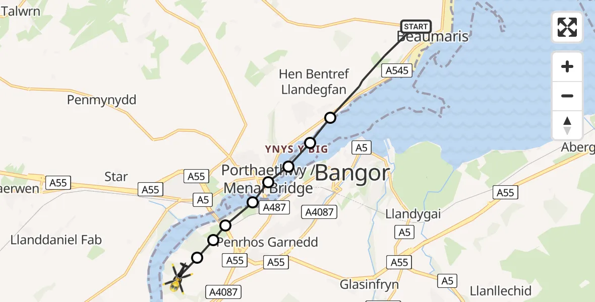 Flight route Police Helicopter Beaumaris - Llanfairpwllgwyngyll, 12 June 2026, 22:05