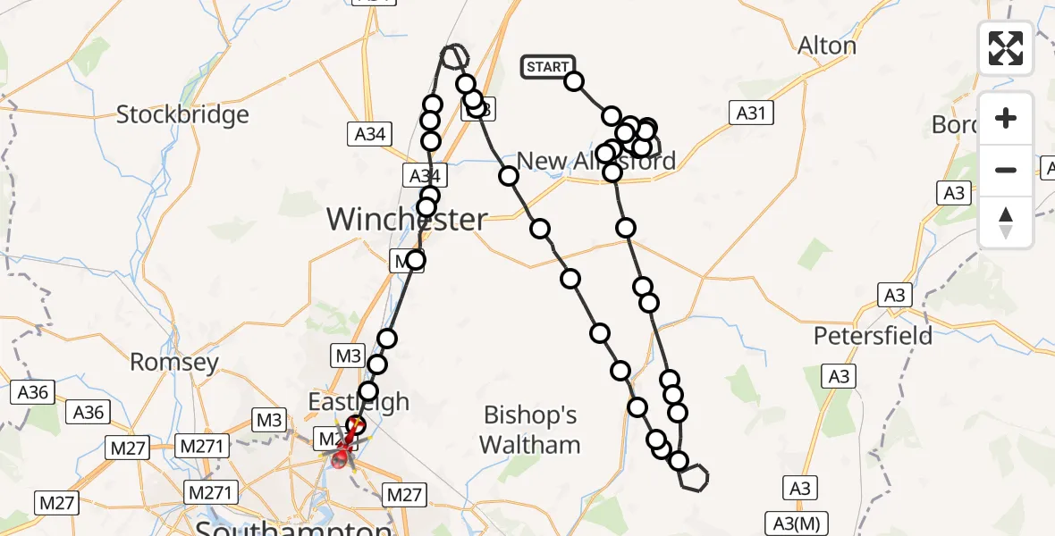 Flight route Air Ambulance Helicopter Northington - Southampton Airport, 12 June 2026, 22:18