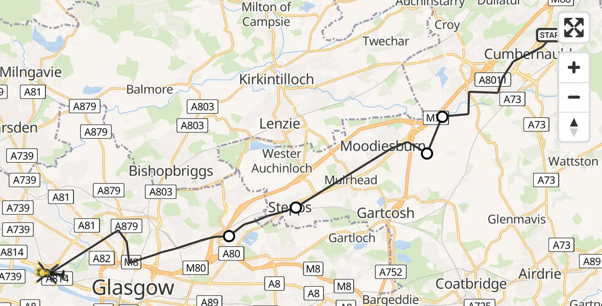 Flight route Police Helicopter Cumbernauld - Glasgow, 12 June 2026, 22:27