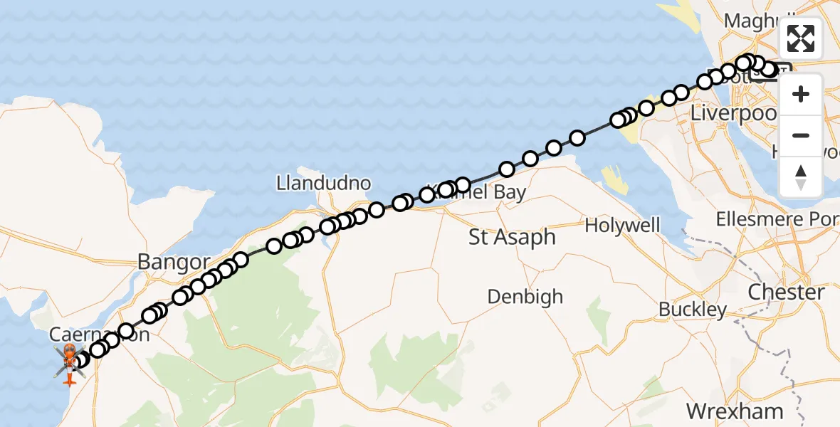 Flight route Coastguard Helicopter Fazakerley - Caernarfon Airport, 12 June 2026, 22:38