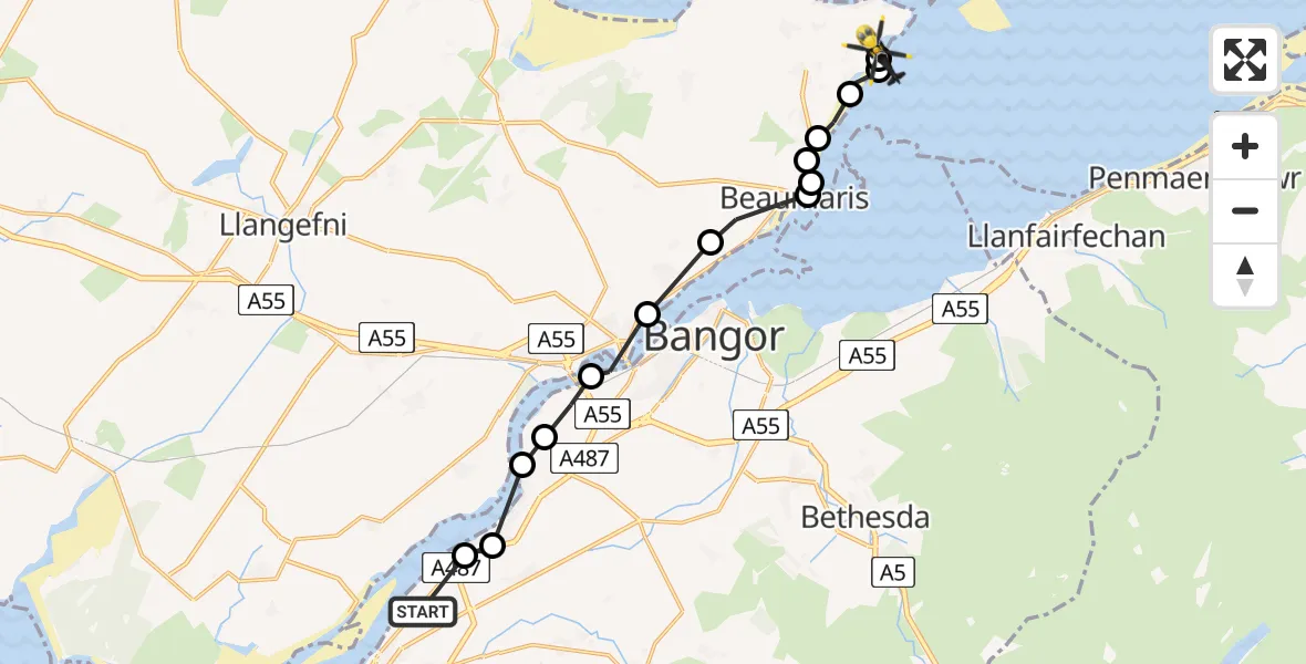 Flight route Police Helicopter Caernarfon - Llangoed, 12 June 2026, 22:44
