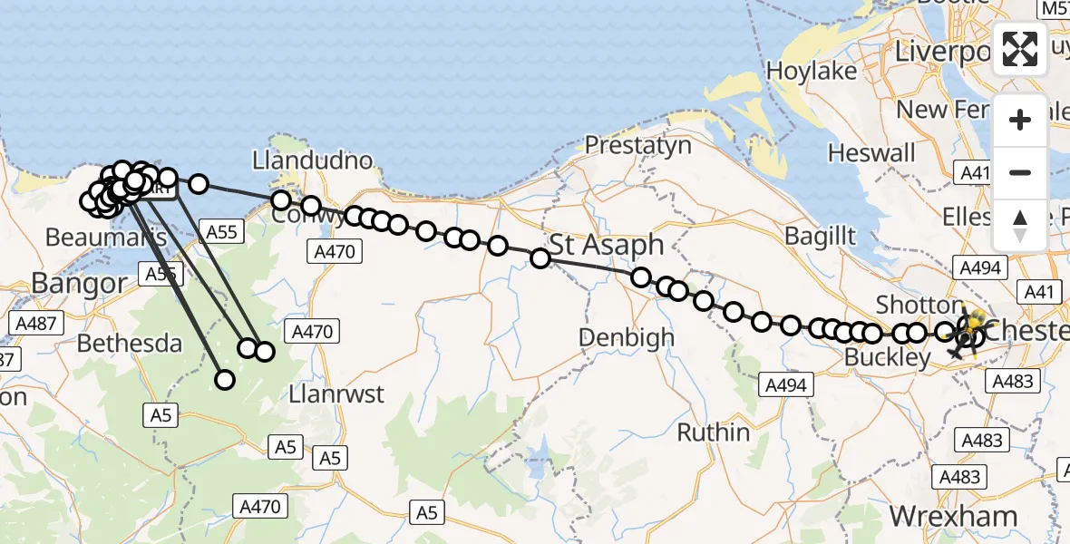 Flight route Police Helicopter Beaumaris - Hawarden Airport, 12 June 2026, 22:53