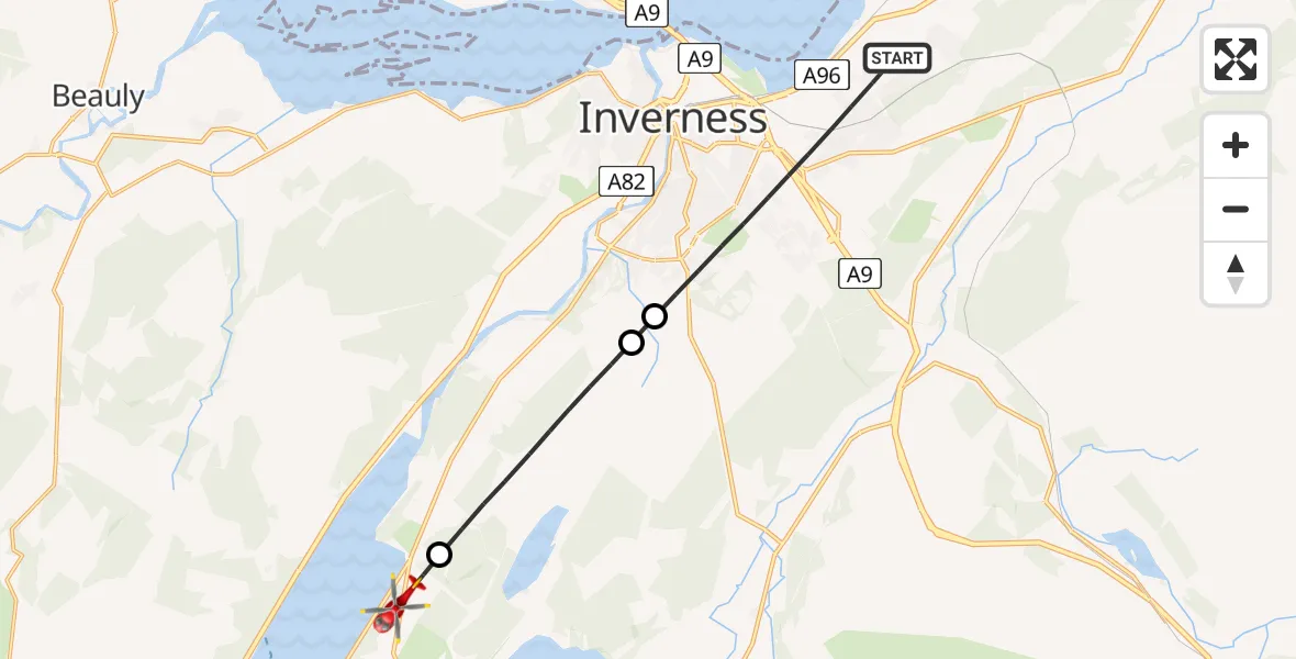 Flight route Air Ambulance Helicopter Inverness - Dores, 12 June 2026, 23:00