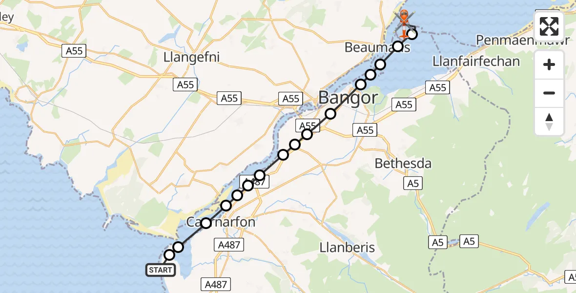 Flight route Coastguard Helicopter Caernarfon Airport - Aber, 12 June 2026, 23:35