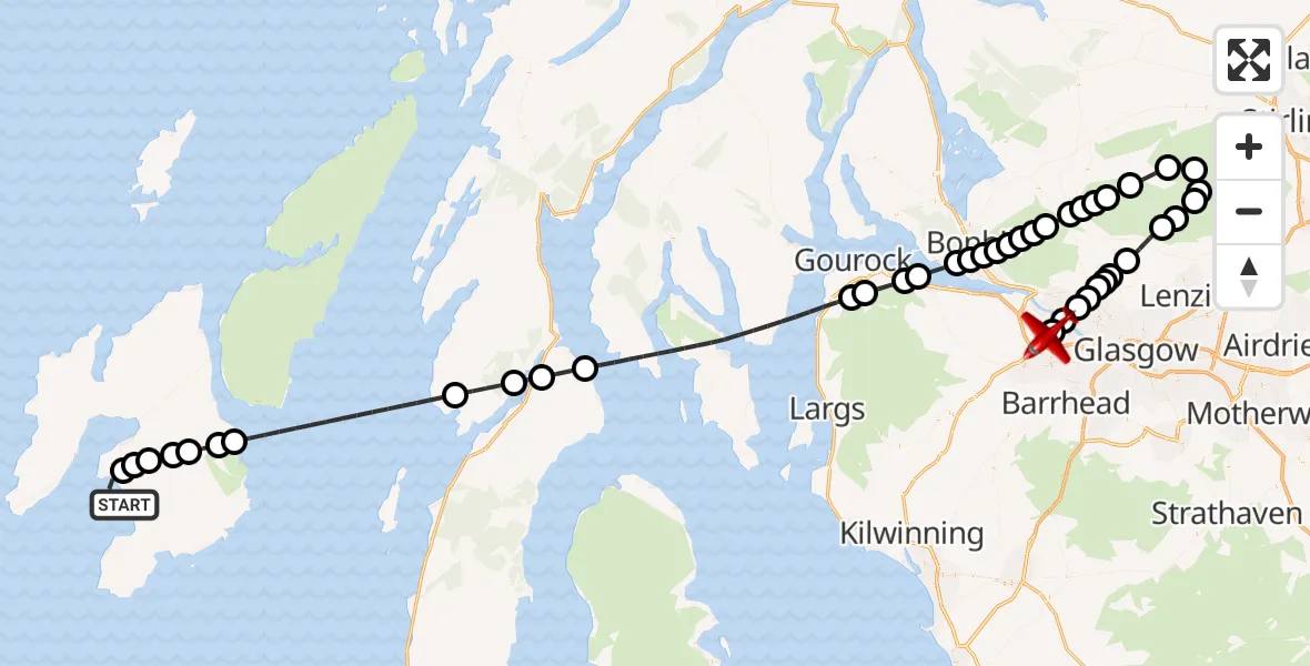 Flight route Air Ambulance Aircraft Inner Seas - Glasgow Airport, 12 June 2026, 23:39