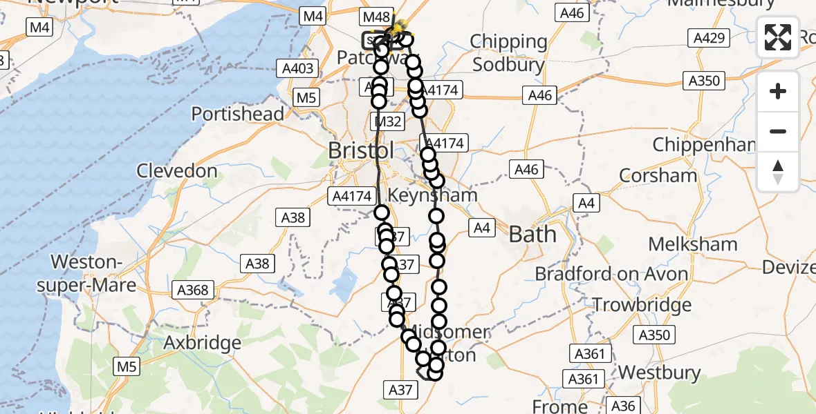 Flight route Police Helicopter Almondsbury Helicopter Base - Almondsbury Helicopter Base, 12 June 2026, 23:46
