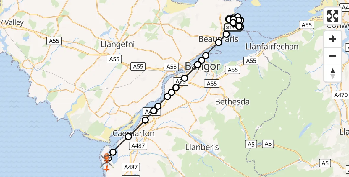 Flight route Coastguard Helicopter Aber - Caernarfon Airport, 12 June 2026, 23:47