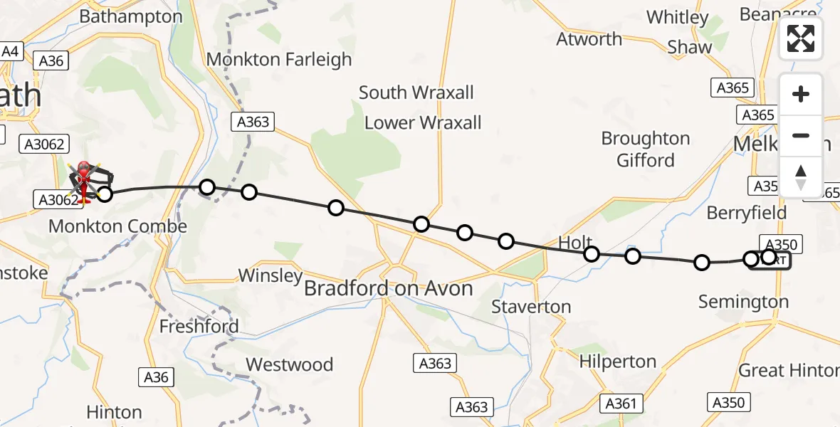 Flight route Air Ambulance Helicopter Wiltshire Air Ambulance - Bath, 12 June 2026, 23:50