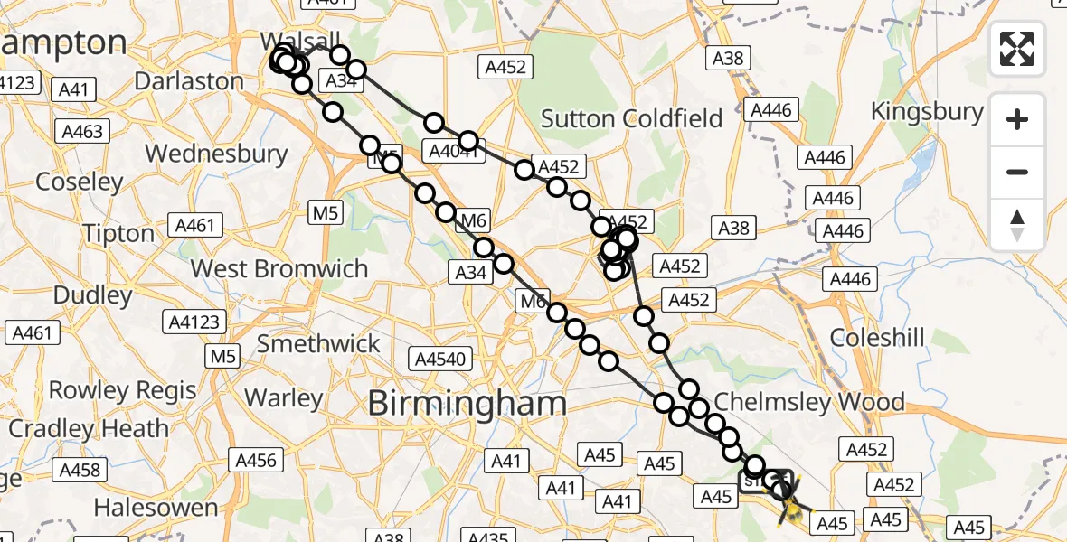 Flight route Police Helicopter Birmingham Airport - Birmingham Airport, 13 June 2026, 00:27