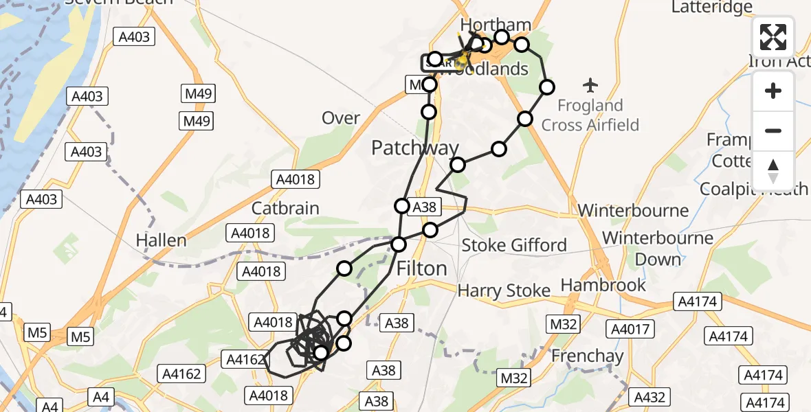 Flight route Police Helicopter Almondsbury Helicopter Base - Almondsbury Helicopter Base, 13 June 2026, 00:36
