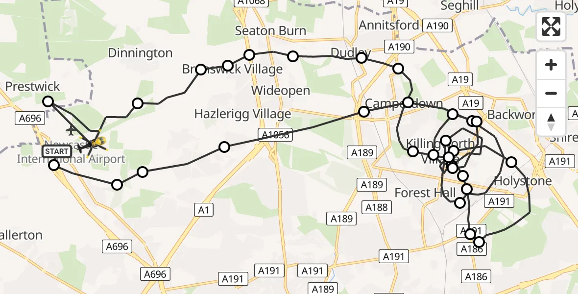 Flight route Police Helicopter Newcastle International Airport - Newcastle International Airport, 13 June 2026, 00:42