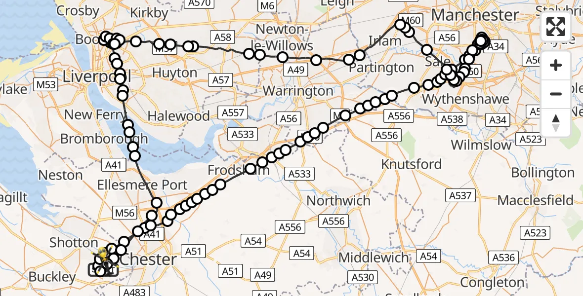 Flight route Police Helicopter Hawarden Airport - Hawarden Airport, 13 June 2026, 00:52