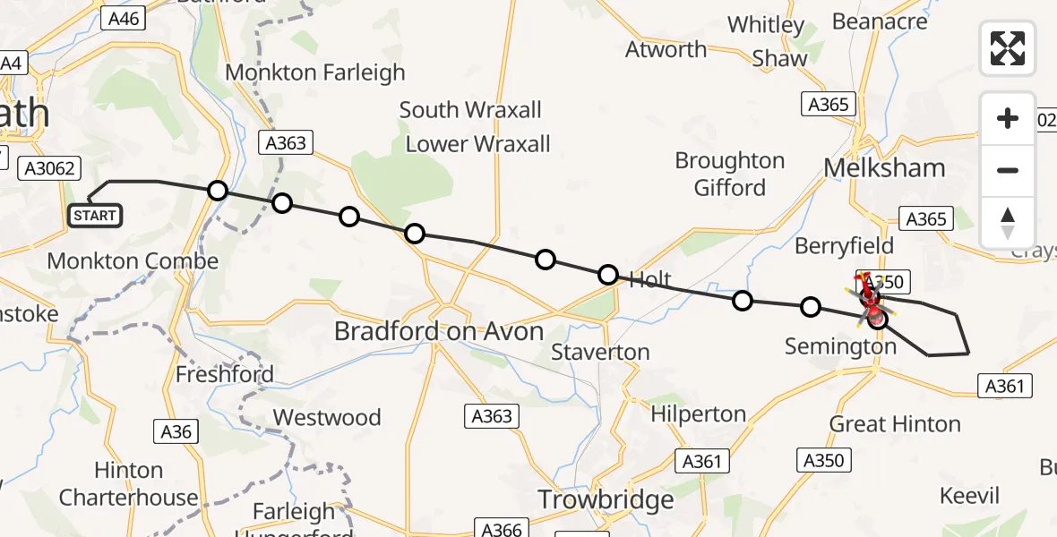 Flight route Air Ambulance Helicopter Bath - Wiltshire Air Ambulance, 13 June 2026, 01:25