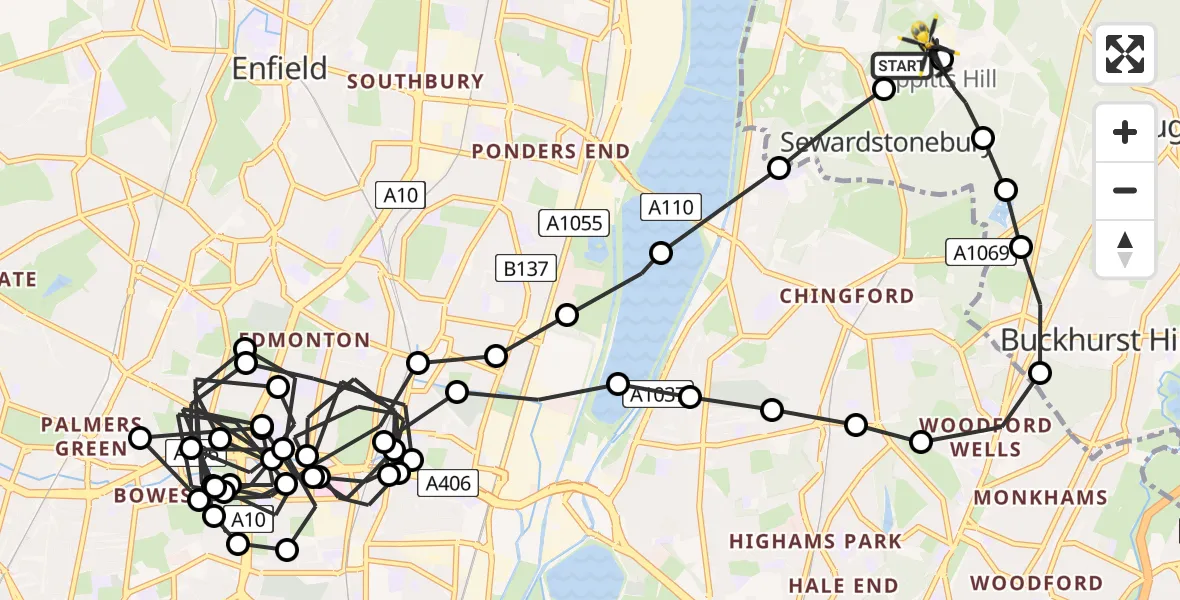 Flight route Police Helicopter Metropolitan Police Air Support Unit Lippitts Hill - Metropolitan Police Air Support Unit Lippitts Hill, 13 June 2026, 01:31