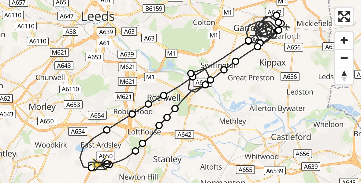 Flight route Police Helicopter East Ardsley - East Ardsley, 13 June 2026, 02:06