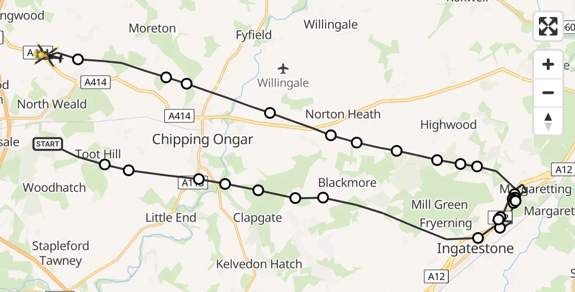 Flight route Police Helicopter Woodhatch - North Weald Bassett, 13 June 2026, 03:35