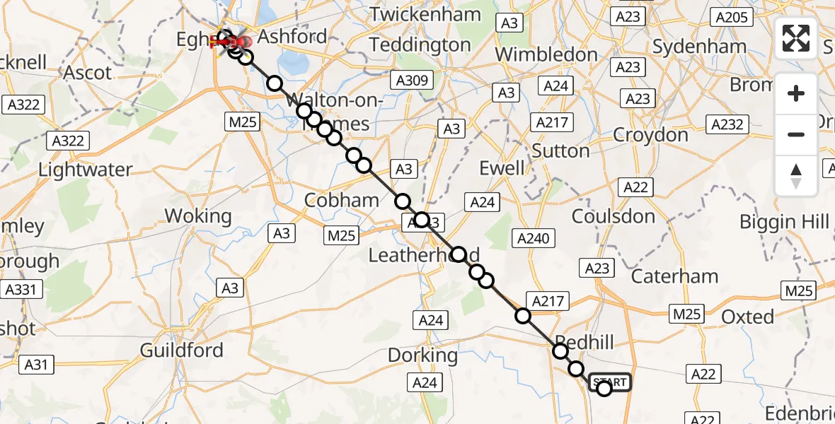 Flight route Air Ambulance Helicopter Redhill Aerodrome - Egham Hythe, 13 June 2026, 04:46
