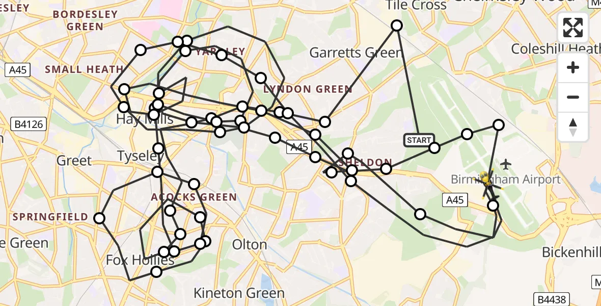 Flight route Police Helicopter Sheldon - Birmingham Airport, 13 June 2026, 05:00