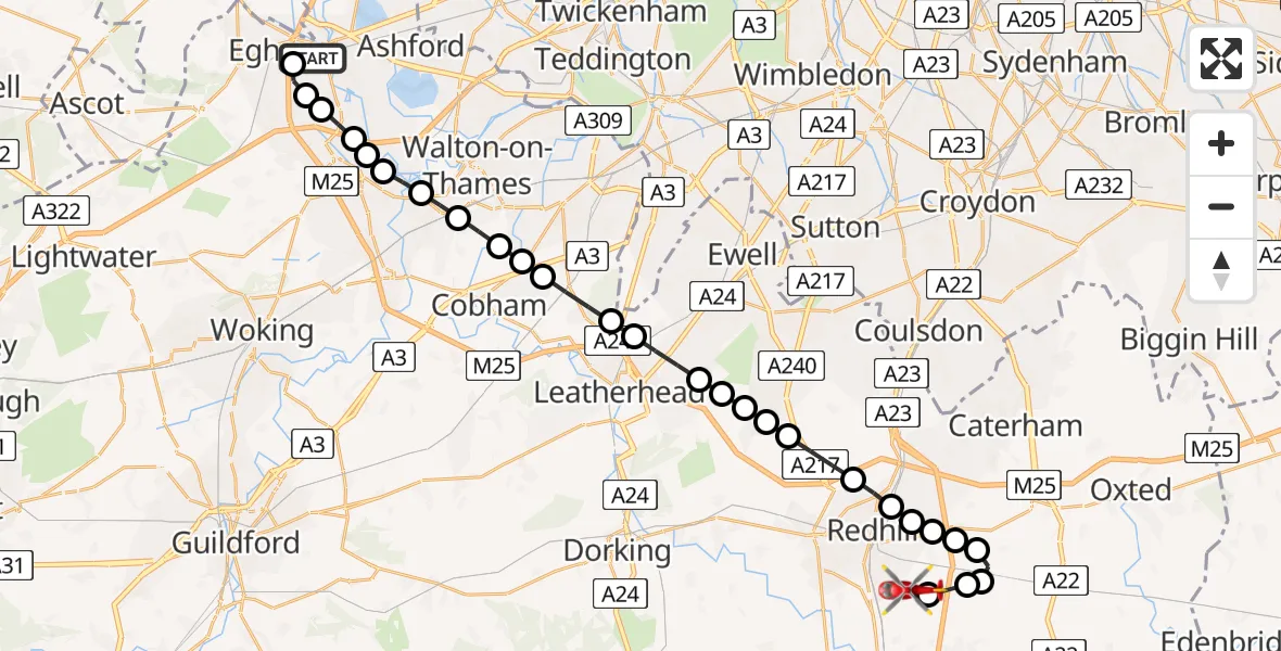 Flight route Air Ambulance Helicopter Egham Hythe - Redhill Aerodrome, 13 June 2026, 05:21