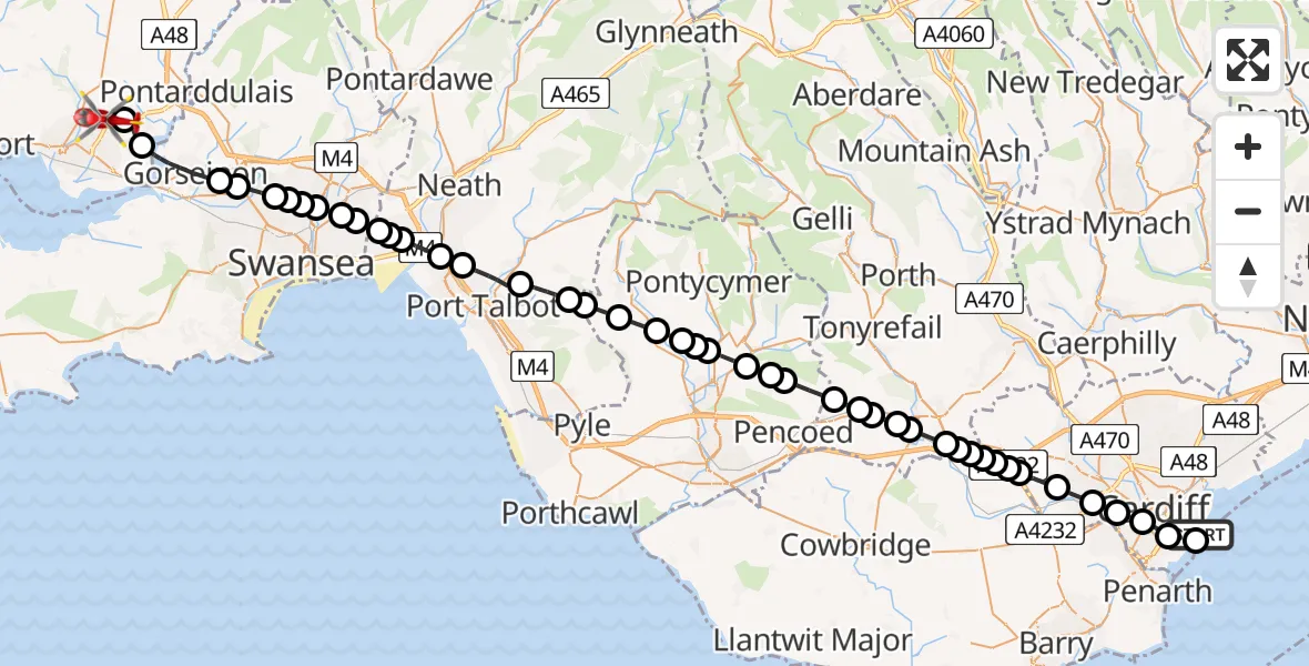 Flight route Air Ambulance Helicopter Cardiff Heliport - Dafen, 13 June 2026, 06:02