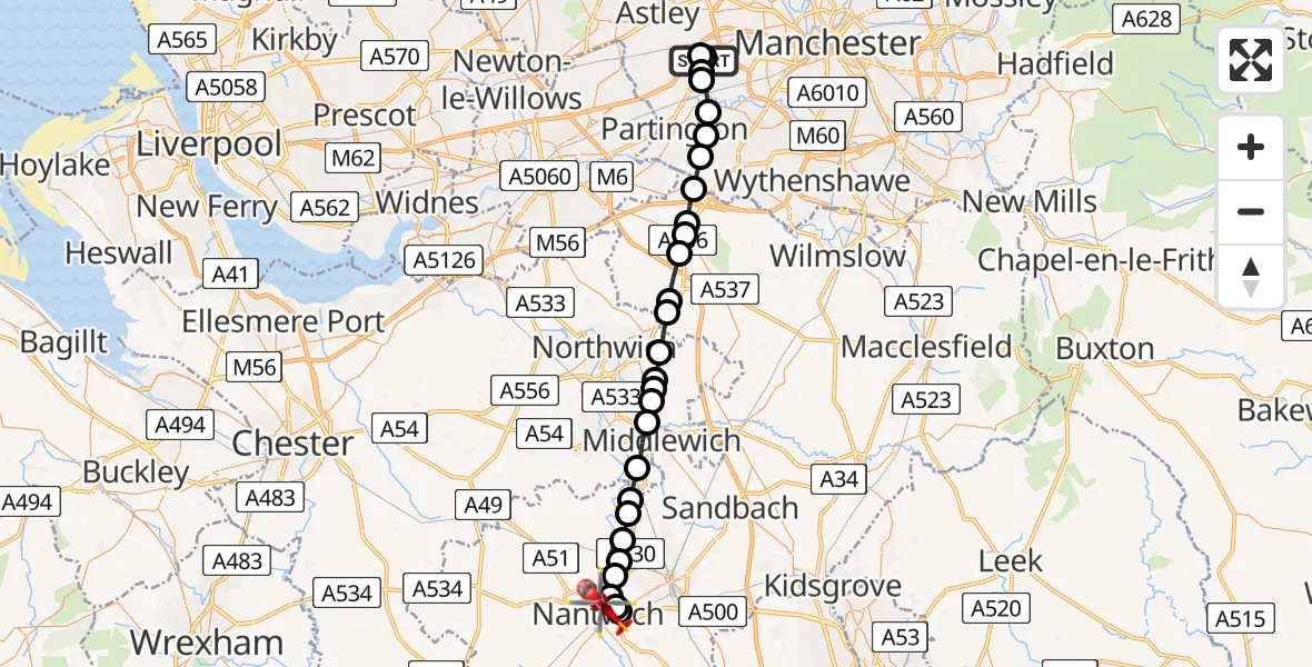 Flight route Air Ambulance Helicopter Manchester Barton Aerodrome - Nantwich, 13 June 2026, 06:24