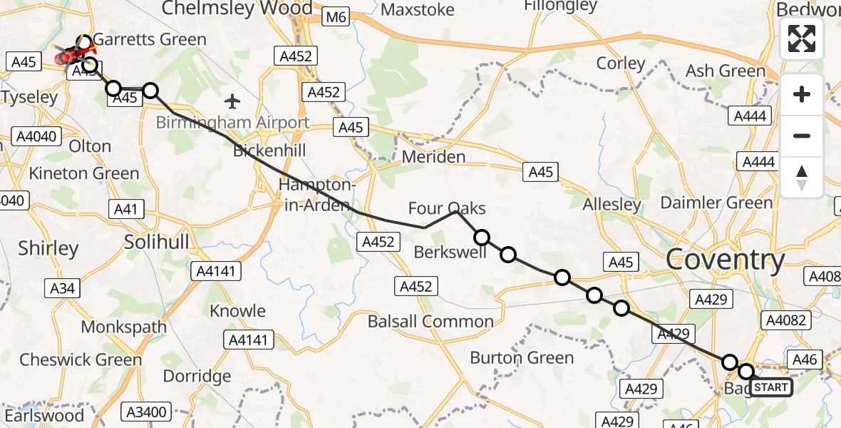 Flight route Air Ambulance Helicopter Coventry Airport - Hay Mills, 13 June 2026, 06:40