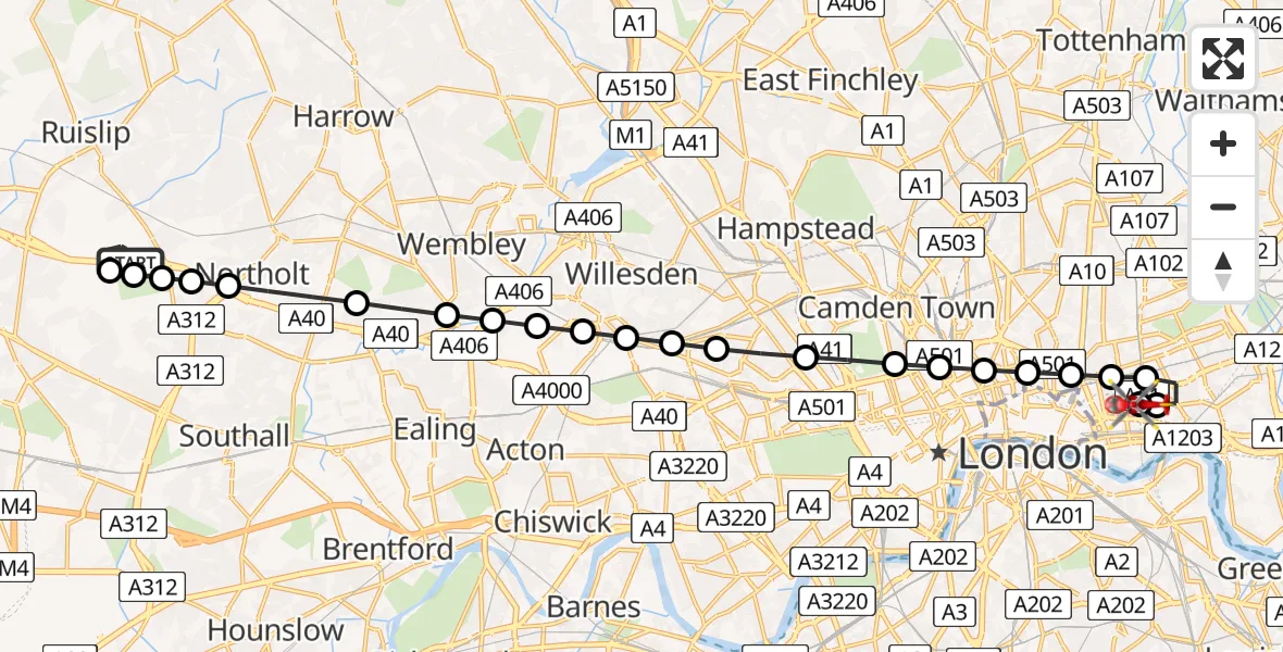 Flight route Air Ambulance Helicopter RAF Northolt - Royal London Hospital, 13 June 2026, 07:02