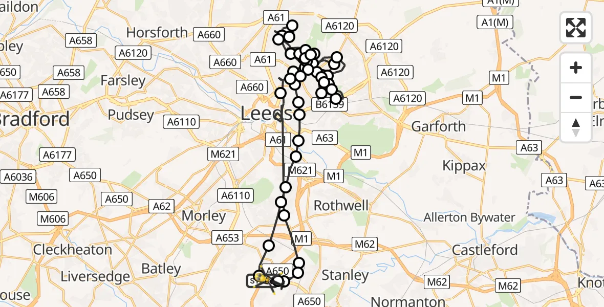 Flight route Police Helicopter East Ardsley - East Ardsley, 13 June 2026, 07:26