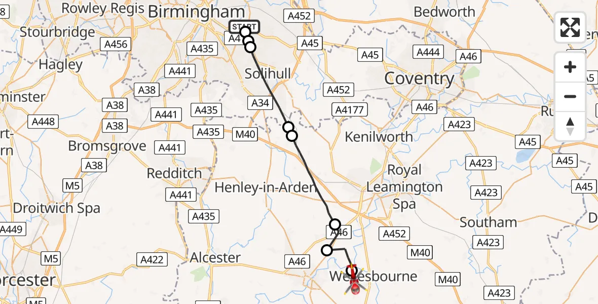 Flight route Air Ambulance Helicopter Hay Mills - Charlecote, 13 June 2026, 07:48