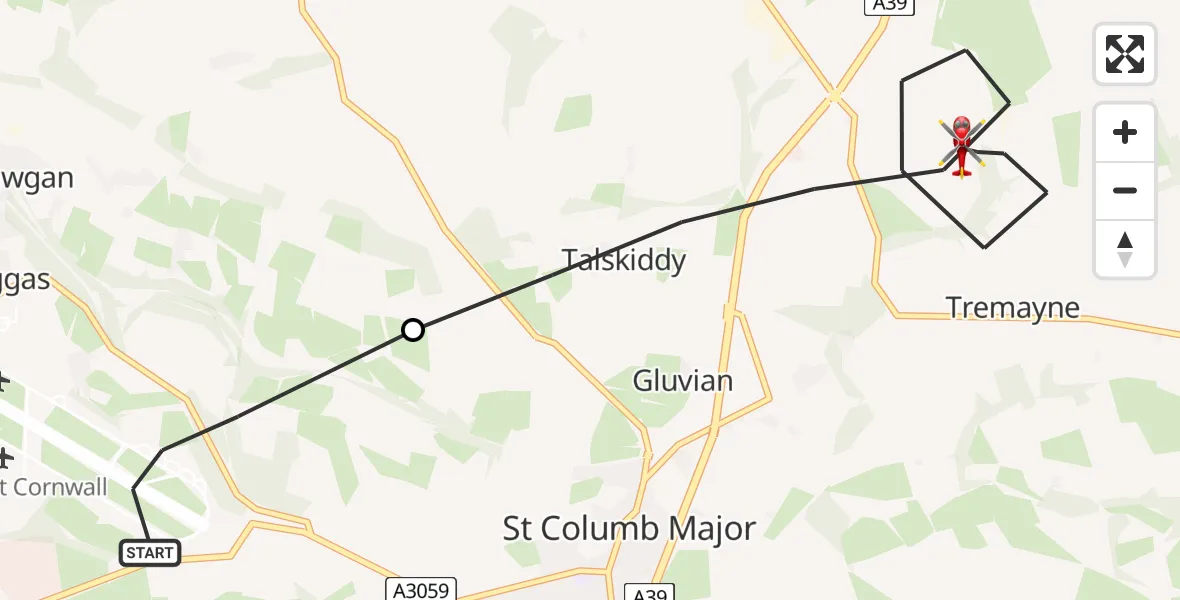 Flight route Air Ambulance Helicopter Cornwall Airport Newquay - St. Columb Major, 13 June 2026, 08:04