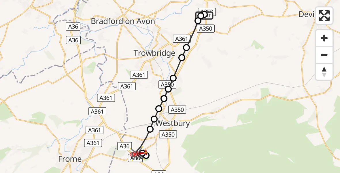 Flight route Air Ambulance Helicopter Wiltshire Air Ambulance - Dilton Marsh, 13 June 2026, 08:16