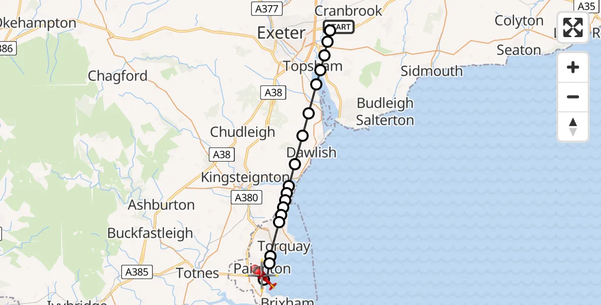 Flight route Air Ambulance Helicopter Exeter International Airport - Paignton, 13 June 2026, 08:18