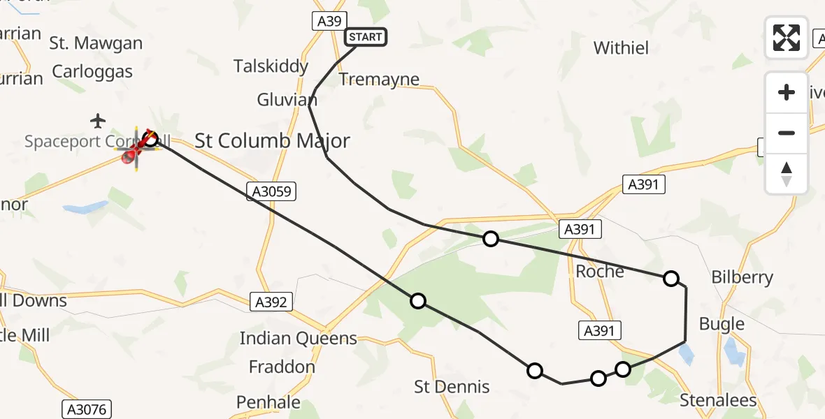 Flight route Air Ambulance Helicopter St. Columb Major - Cornwall Airport Newquay, 13 June 2026, 08:40