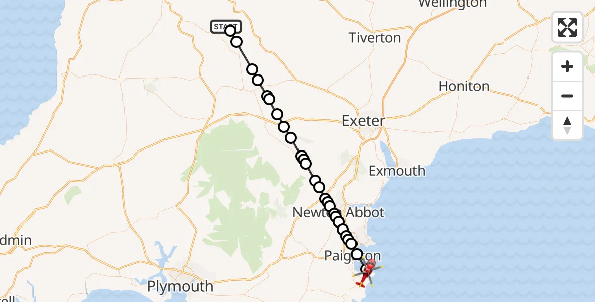Flight route Air Ambulance Helicopter Eaglescott Airfield - Brixham, 13 June 2026, 08:42