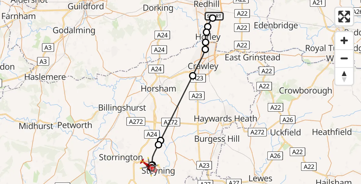 Flight route Air Ambulance Helicopter Redhill Aerodrome - Horsham, 13 June 2026, 09:04