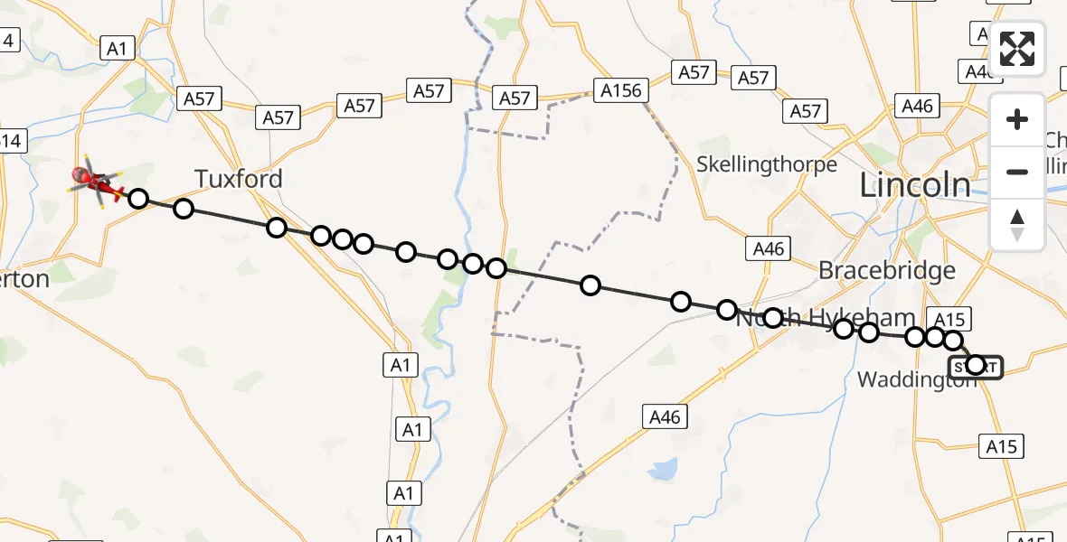 Flight route Air Ambulance Helicopter RAF Waddington - Walesby CP, 13 June 2026, 09:06