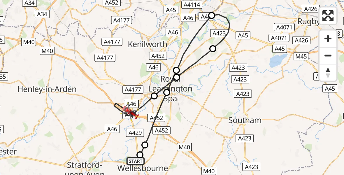 Flight route Air Ambulance Helicopter Charlecote - Warwick, 13 June 2026, 09:07