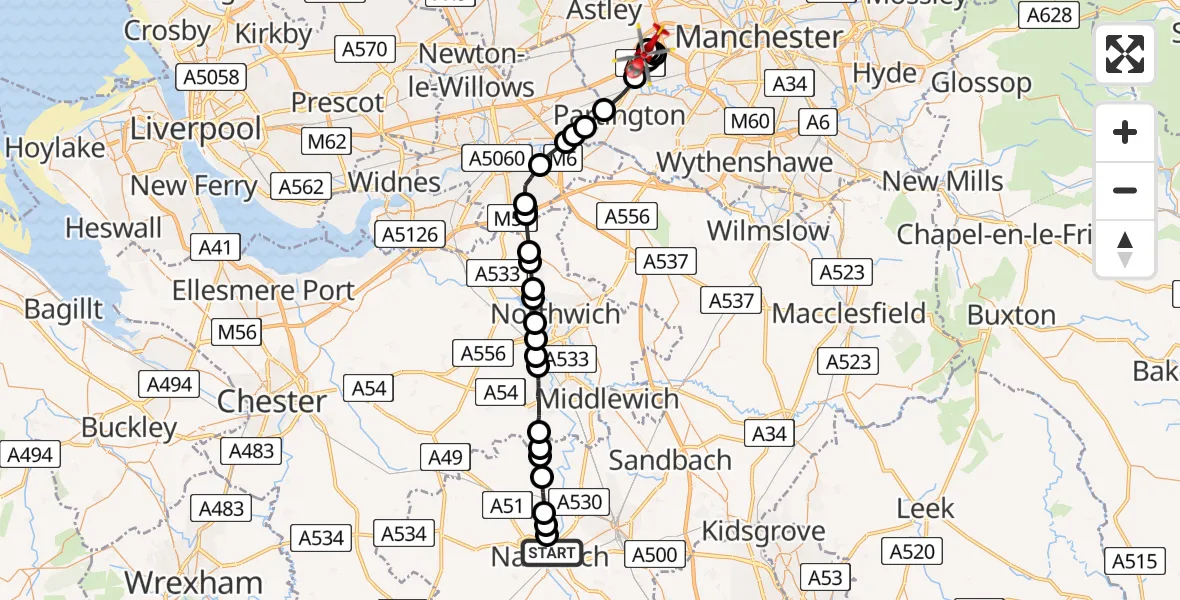 Flight route Air Ambulance Helicopter Nantwich - Manchester Barton Aerodrome, 13 June 2026, 09:07